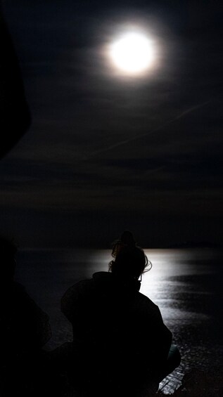 A person sitting by a body of water at night with a bright moon in the sky. 4