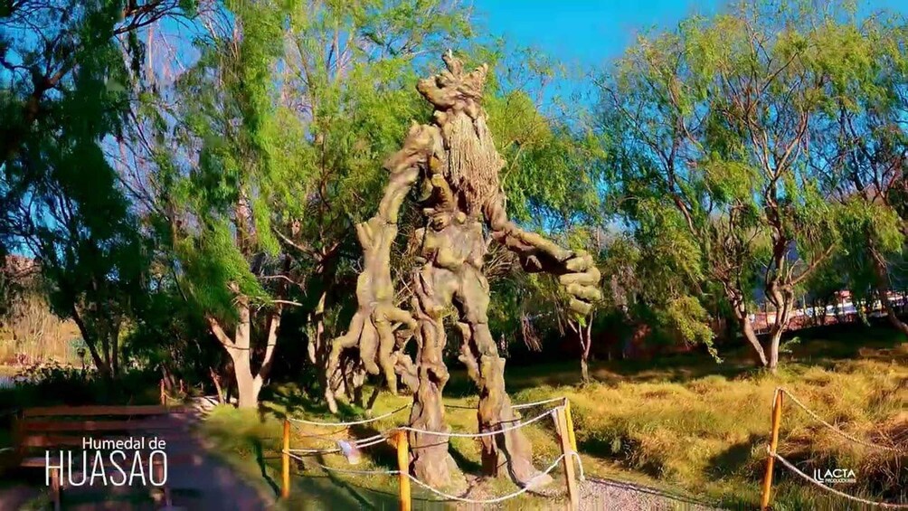 A large tree sculpture in a park with a clear sky. 3