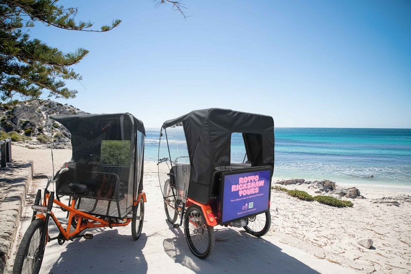 Two beachside rickshaws parked on a sandy shore with clear blue water in the background. 2