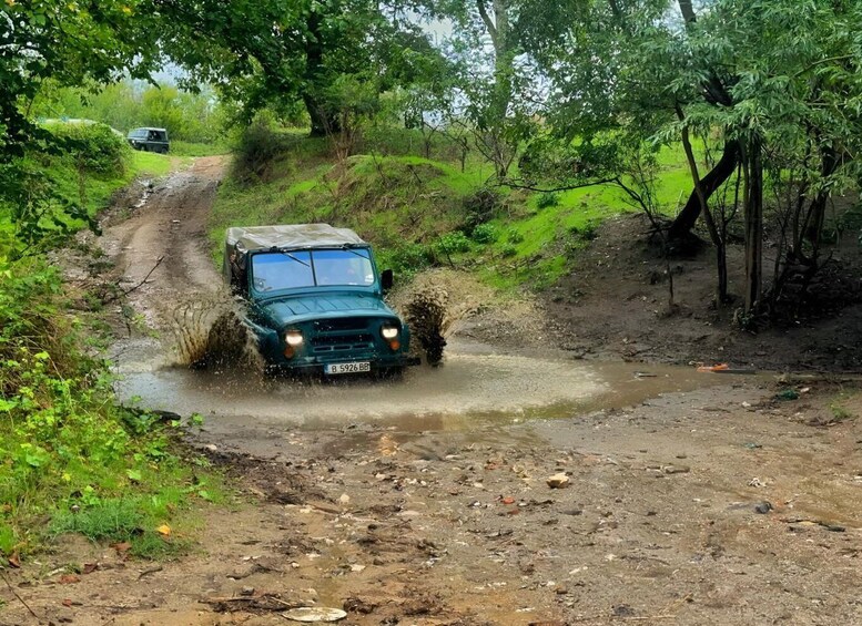 A vehicle driving through a muddy puddle on a rural road surrounded by greenery. 1