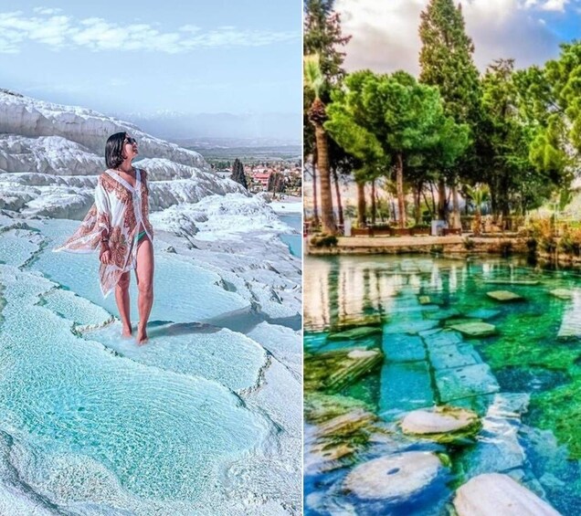 A person standing on a mineral-rich landscape with clear water pools. 1
