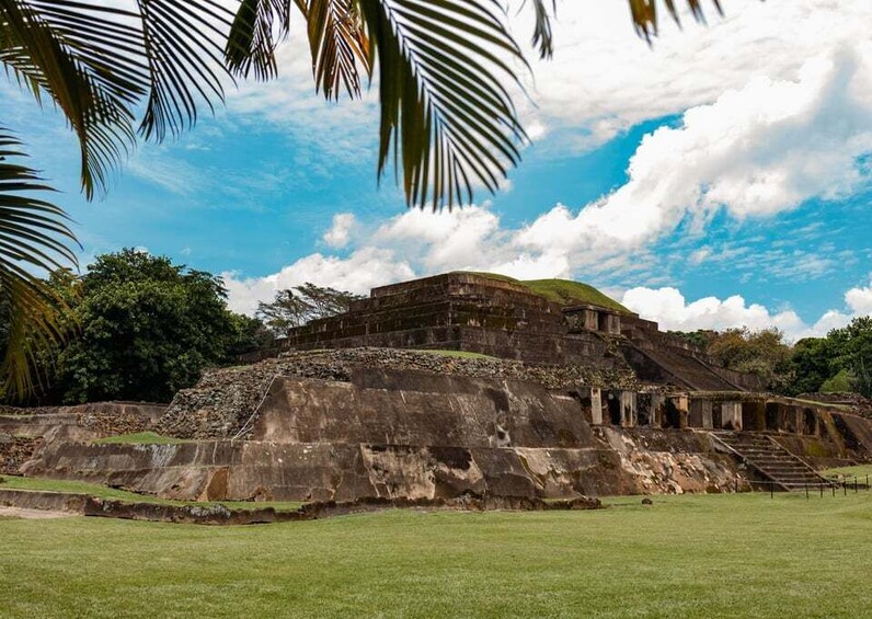 A large ancient stone structure with a stepped pyramid and a flat top, surrounded by lush greenery and palm trees. 5