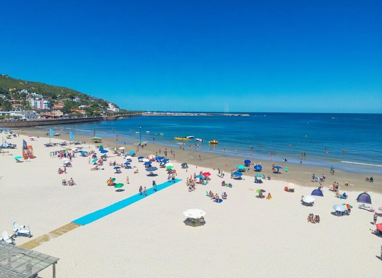 A crowded beach with people sunbathing and swimming, a clear blue sky, and buildings in the background. 3