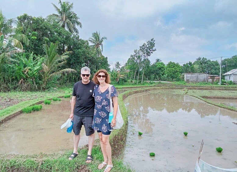 Two people standing by a rice paddy with water and young plants. 2