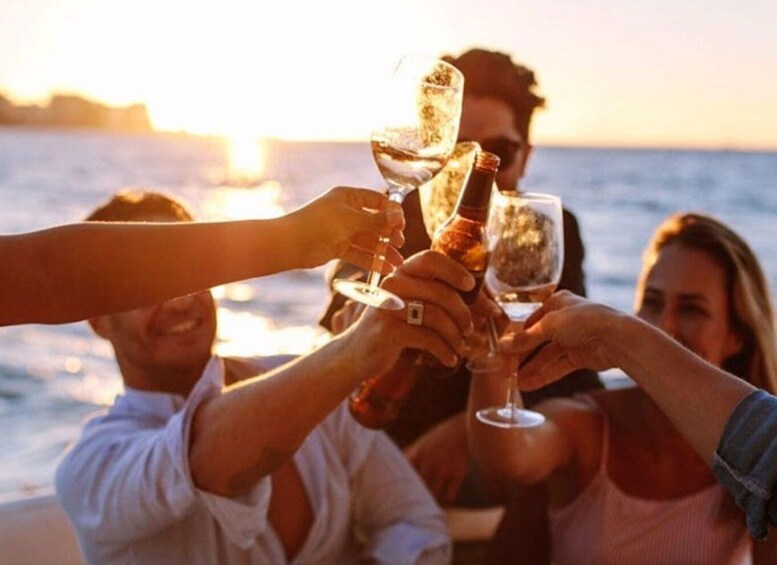 A group of people toasting with drinks at sunset by the sea. 1