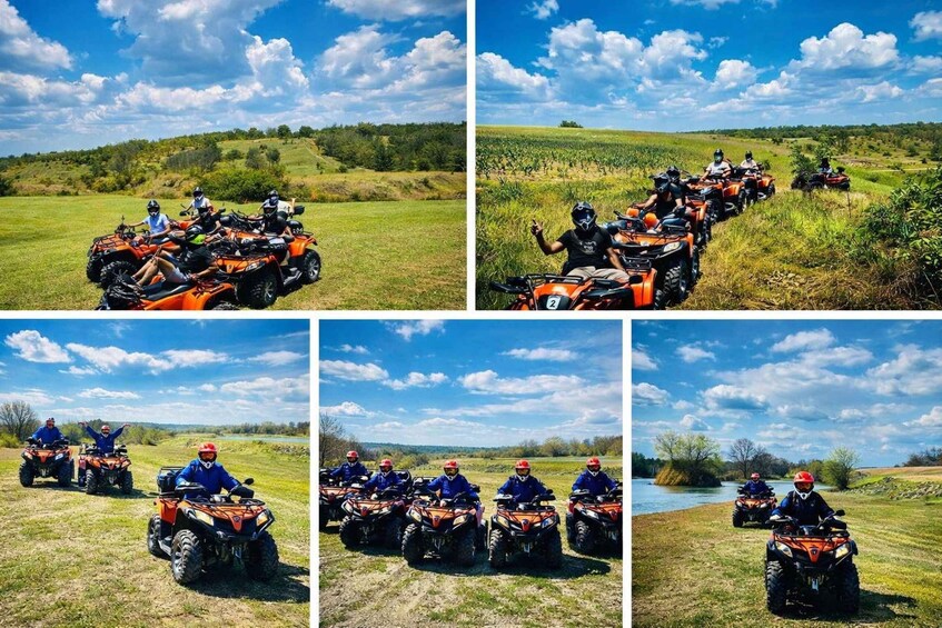 A group of people on ATVs in a grassy field with a river and trees in the background. 5