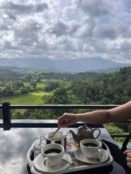 A table with a tray of tea and coffee cups, a teapot, and a hand stirring a cup, overlooking a lush landscape with mountains and greenery. 1