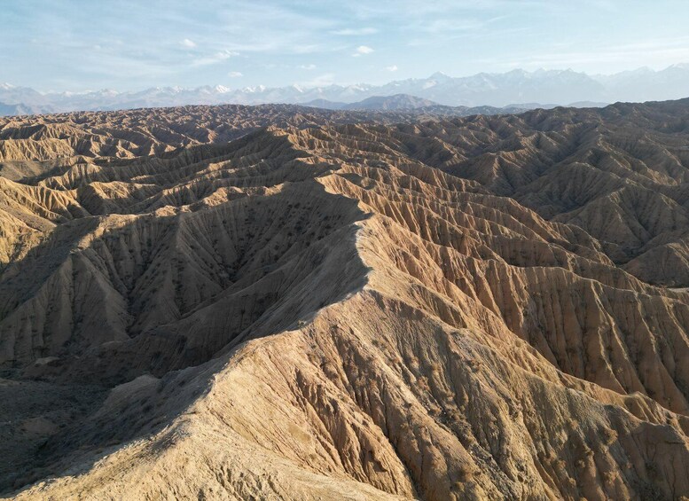 A vast desert landscape with rugged, eroded hills and distant mountain ranges. 2