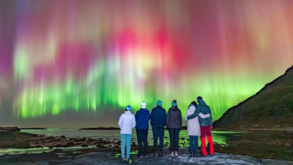 A group of people observing the Northern Lights over a coastal landscape. 5