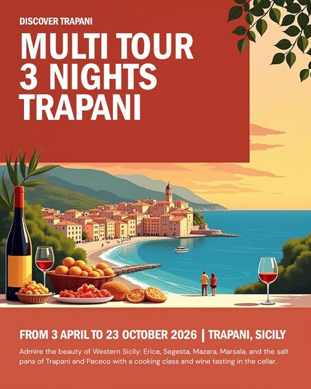 A scenic coastal town with a tower, a bottle of wine, and a basket of bread. 2