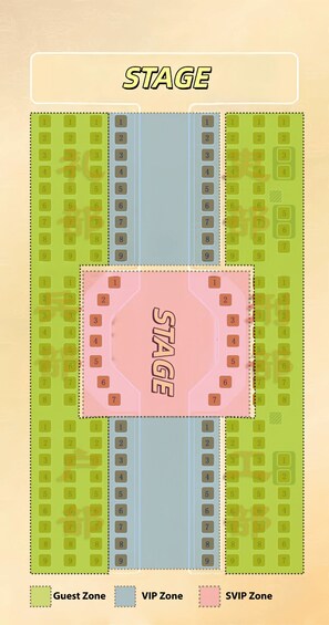 A stage layout with numbered zones for guests, VIPs, and SVIP. 2