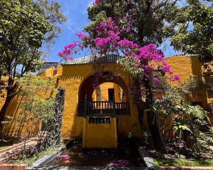 A yellow building with an arched entrance, surrounded by lush greenery and vibrant pink bougainvillea flowers. 5