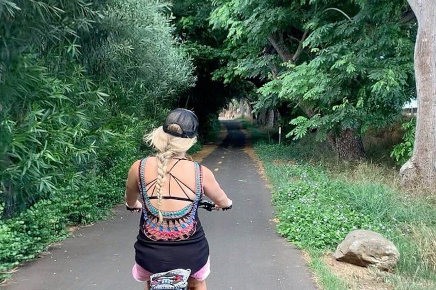 A person riding a bicycle on a paved path surrounded by greenery. 2