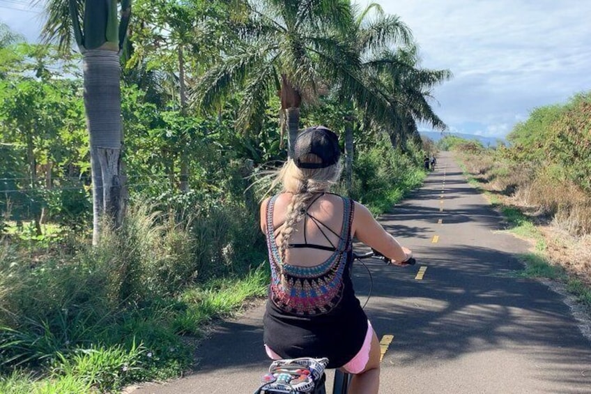 A person riding a bicycle on a paved road surrounded by greenery and palm trees. 2