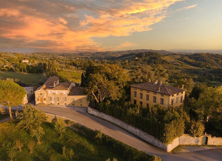 A rural landscape with two prominent buildings, a winding road, and surrounding greenery. 3