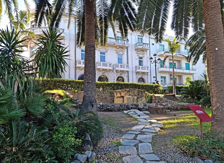 A stone pathway, palm trees, and classical architecture. 5
