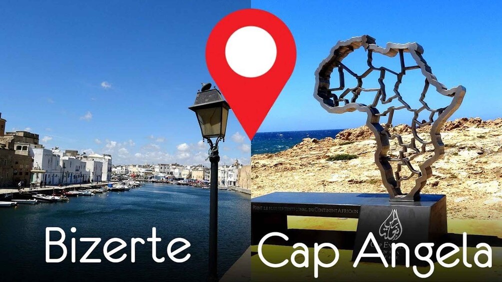 A coastal town with a harbor, a street lamp, and a sculpture. 4
