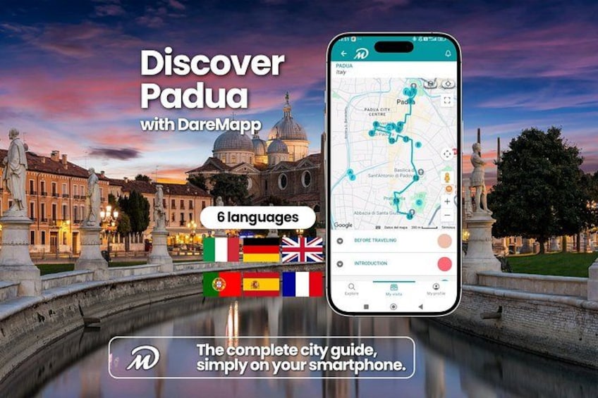 A smartphone displaying a map of Padua, Italy, with landmarks and a sunset in the background. 1