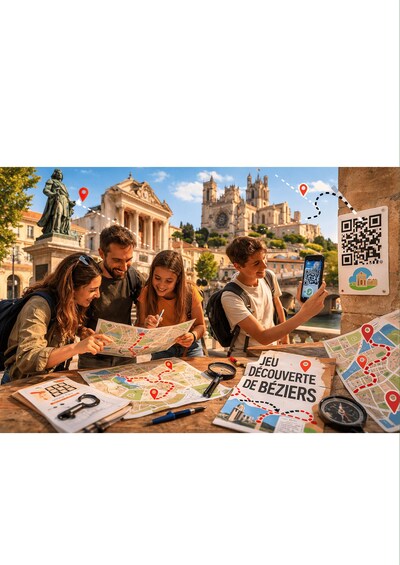 A group of people examining a map and a smartphone with a QR code, with a sign reading 'JEU DÉCOUVERTE DE BEZIERES' in the background. 3