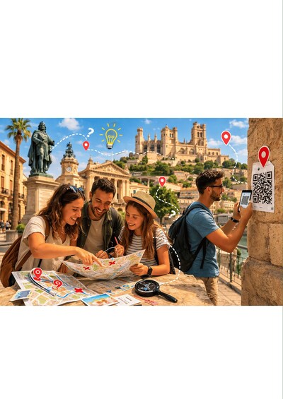 A group of people examining a map and a QR code in an urban setting with historical architecture. 1
