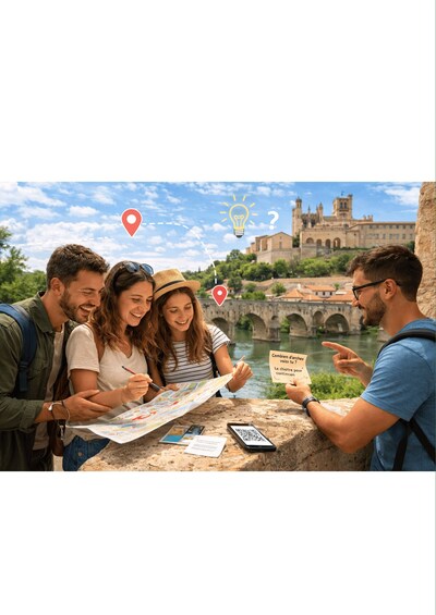 A group of people examining a map and a sign with a question in front of a historic bridge and castle. 2
