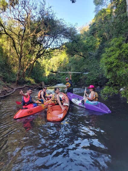 People kayaking on a river surrounded by dense greenery. 5