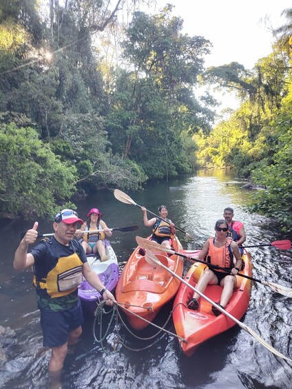 People kayaking on a river surrounded by dense greenery. 4