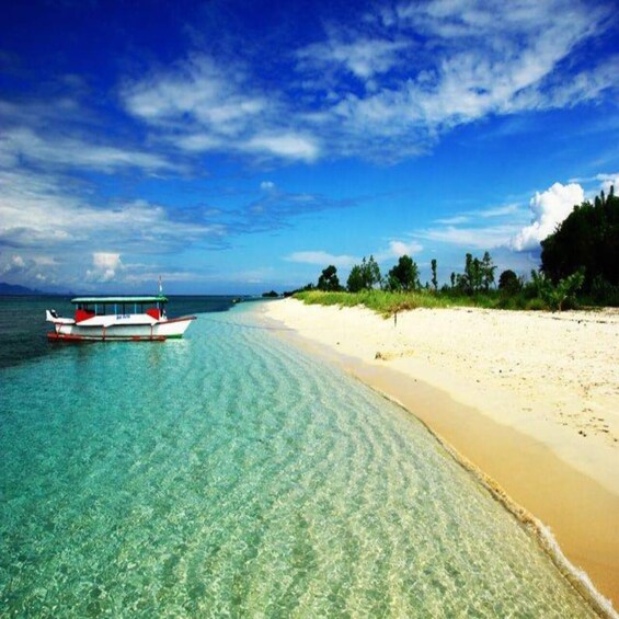 A boat on a clear turquoise sea, a sandy beach, and a line of trees in the distance. 2
