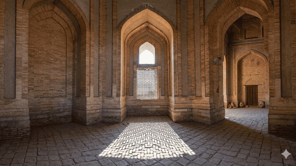 An interior with arched brick walls, a patterned floor, and a window with a geometric design. 2