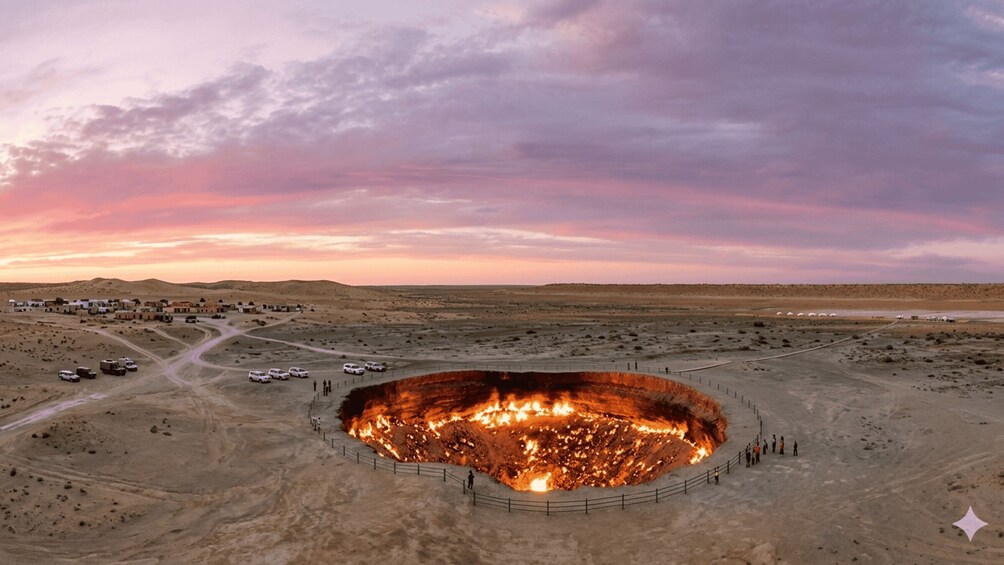 A large crater with a fence and people around it, set in a desert landscape with a sunset sky. 3