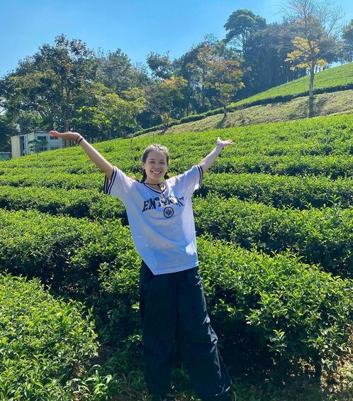 A person standing in a tea plantation with arms raised. 3