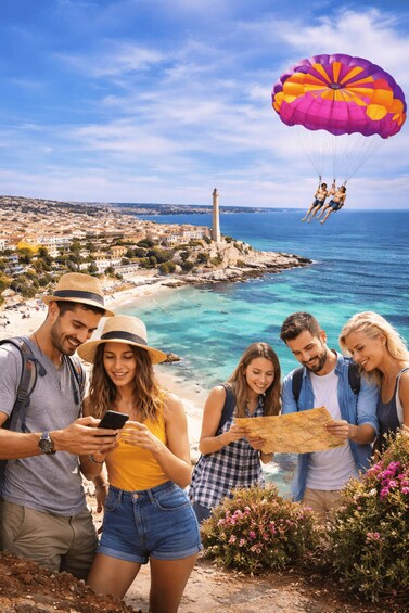 A coastal town with a lighthouse, people on a beach, and a parachute in the sky. 1