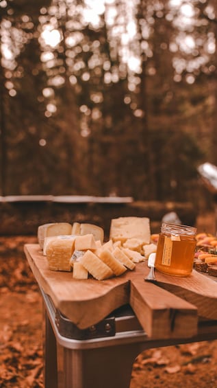 A wooden table with cheese, a jar of honey, and a glass of honey mead in a forest setting. 3