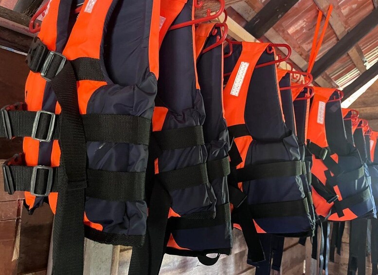 Rows of orange and black life jackets hanging on hooks. 1