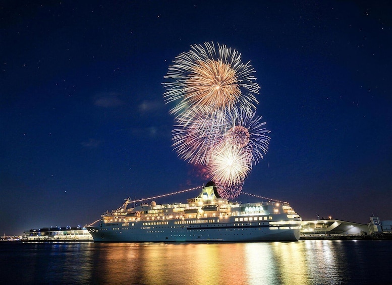 A cruise ship with fireworks in the background. 2
