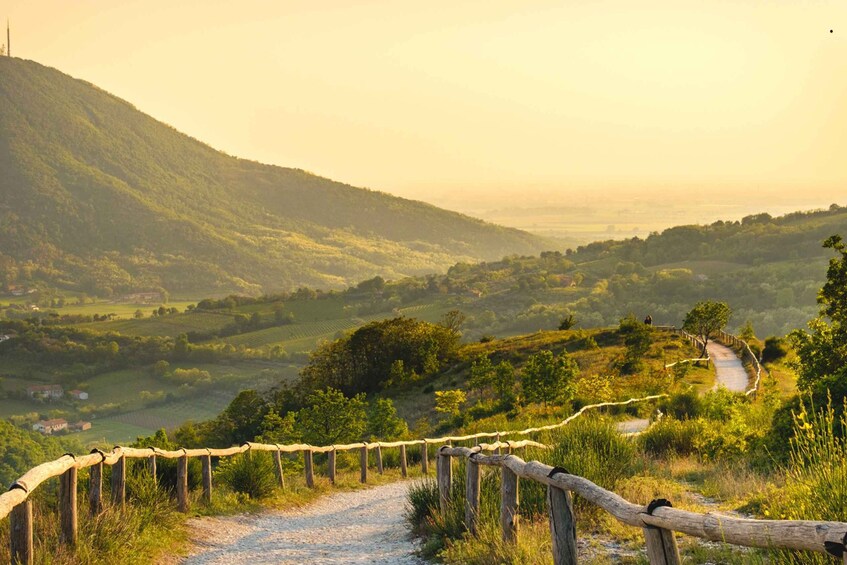 A rural landscape with rolling hills, a dirt path, and a wooden fence. 2