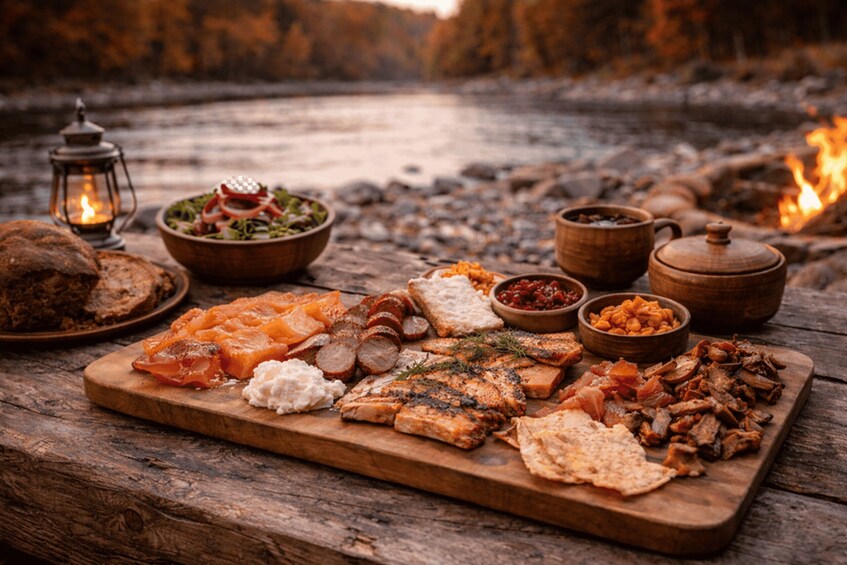 A wooden board with various foods, a lantern, and a fire in a natural setting. 5