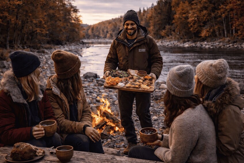 A group of people sitting by a campfire in a forested area. 1