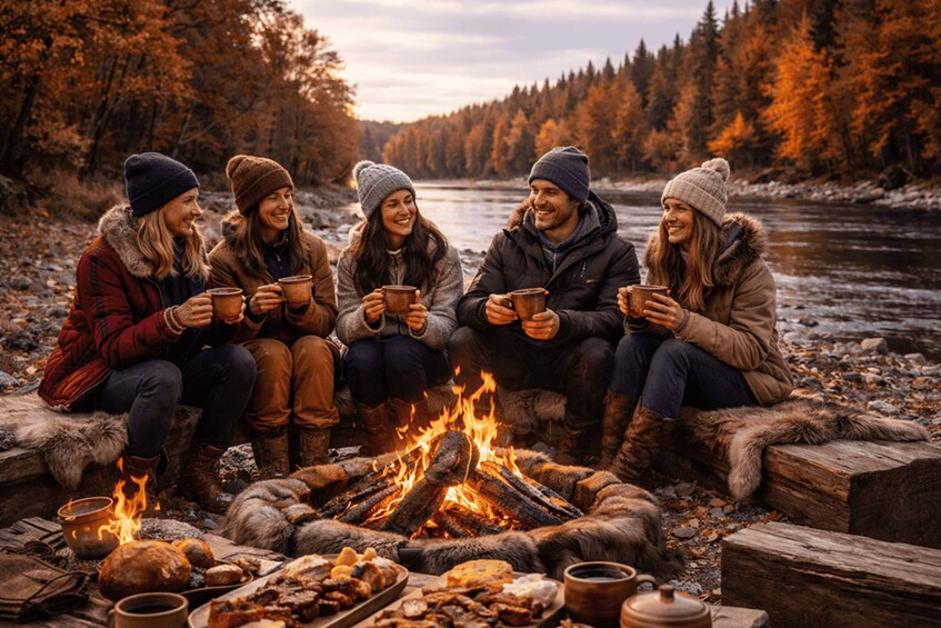A group of people sitting around a campfire in a forested area with a river in the background. 2