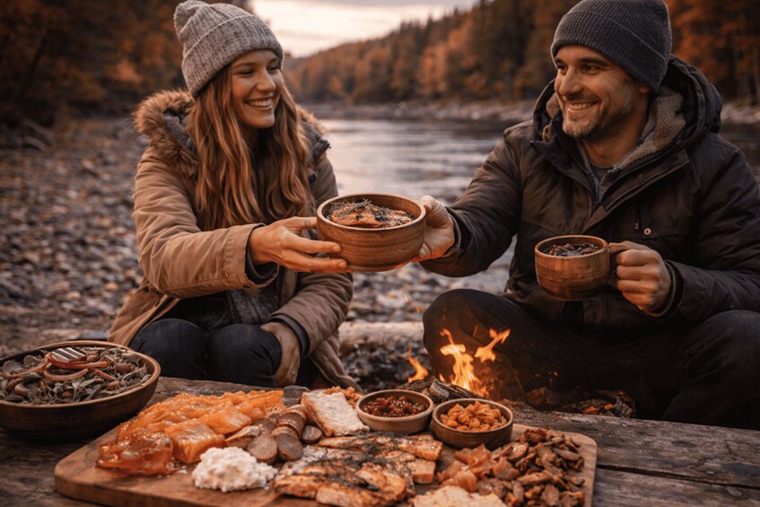 Two people sitting by a campfire with food and bowls in front of them. 3