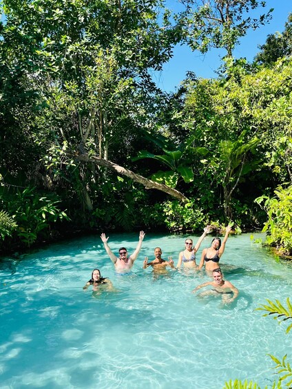A group of people swimming in a clear blue pool surrounded by lush greenery. 4
