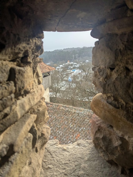 A stone archway overlooking a village with snow-covered rooftops and trees. 3