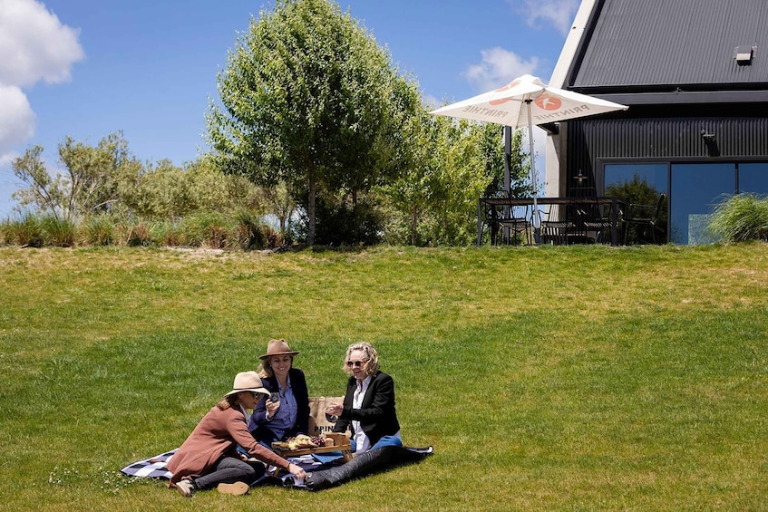 Three people picnicking on a grassy field with a large umbrella and a building in the background. 1
