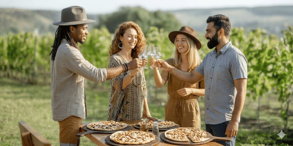 A group of people toasting with glasses, standing around a table with pizzas in an outdoor setting with greenery in the background. 1