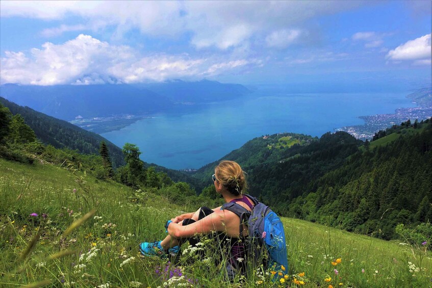A person sitting on a grassy hill overlooking a body of water and a distant town. 2