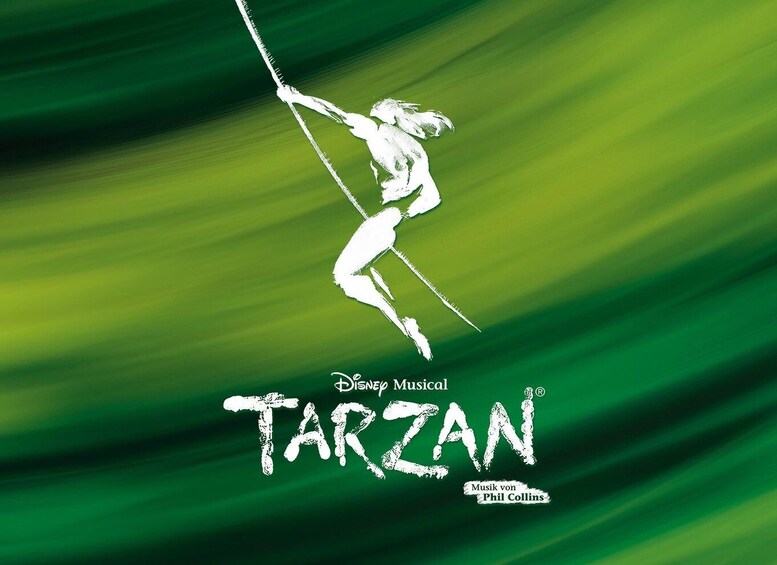 A silhouette of a woman in mid-air against a green background, with the text 'Disney Musical TARZAN' and 'Musik von Phil Collins' visible. 1