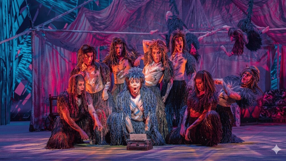 A group of performers in a theatrical setting with a tropical backdrop. 4