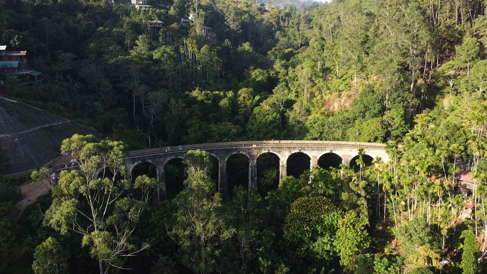 A stone viaduct with multiple arches spanning a lush forested valley. 3