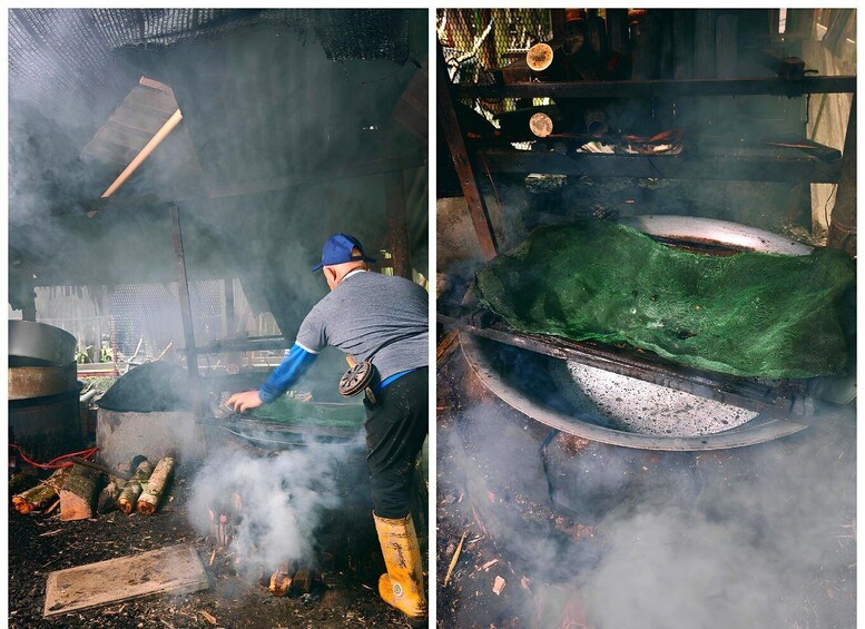 A person cooking outdoors with a large pot and a grill. 5