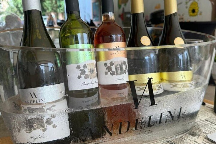 A clear plastic container holding several wine bottles with visible labels. 2
